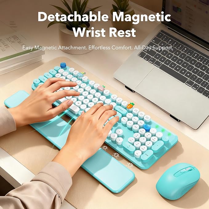 Wireless Keyboard and Mouse Combo, Full-Size Retro Typewriter Keyboard with Detachable Wrist Rest, Round Keycaps, Sleep Mode & Tilt Legs, 2.4GHz Cordless Connection for Windows/PC (Robin Egg Blue)