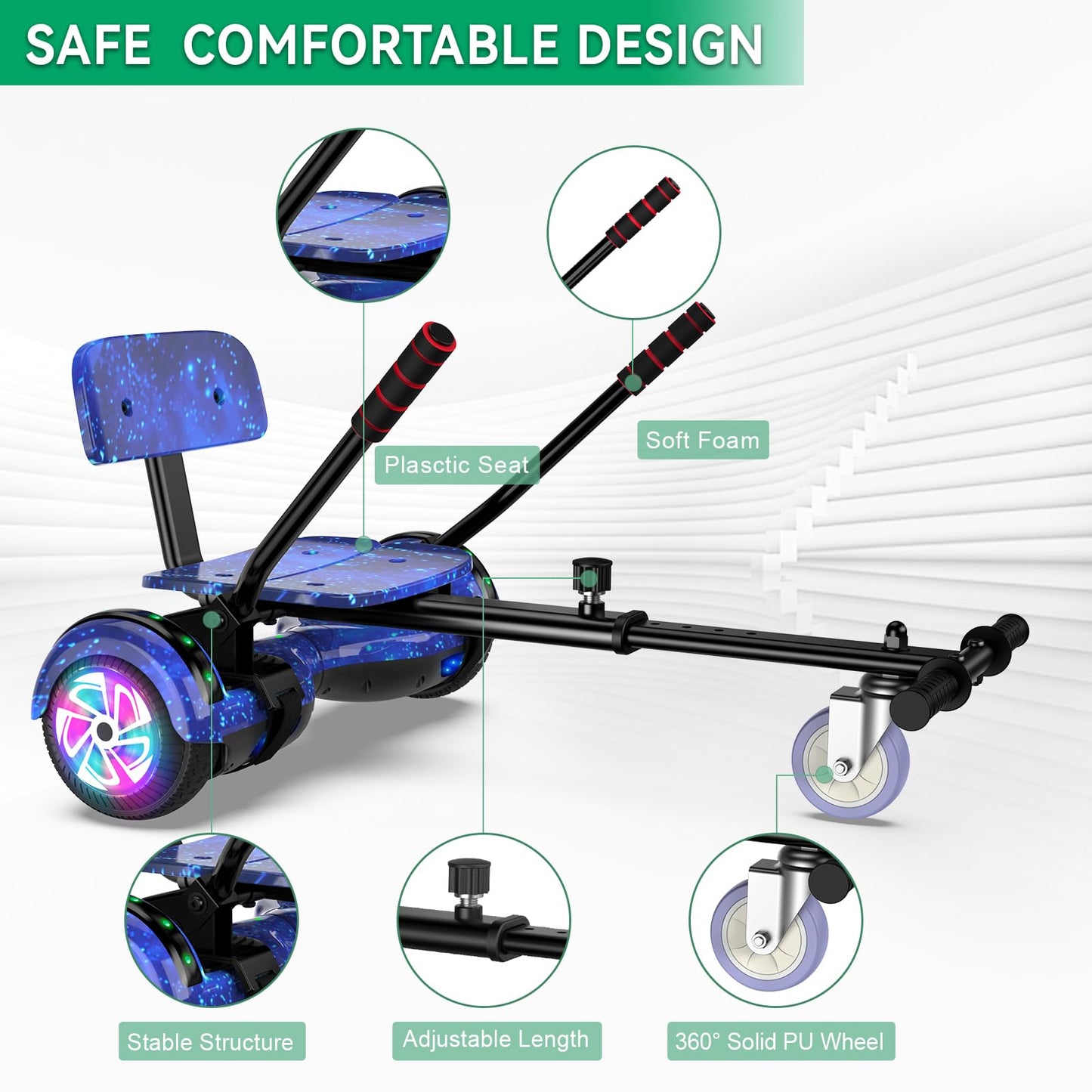 Scooter with Seat Attachment for Kids Adults, 6.5'' 8.5''Balancing Scooter with Bluetooth Speakers & Colorful LED Light with kart