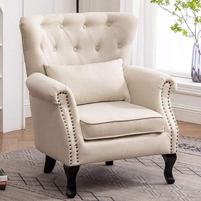 DM Furniture Mid Century Accent Chair for Living Room, Linen Fabric Button Tufted Armchair Wingback Club Chair, Modern Single Sofa Lounge Chair with Pillow for Reception/Bedroom, Beige