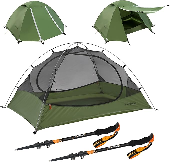 Clostnature 2-Person Ultralight Waterproof 3-Season Camping Tent with Collapsible Aluminum Trekking Poles - Easy Setup Lar...