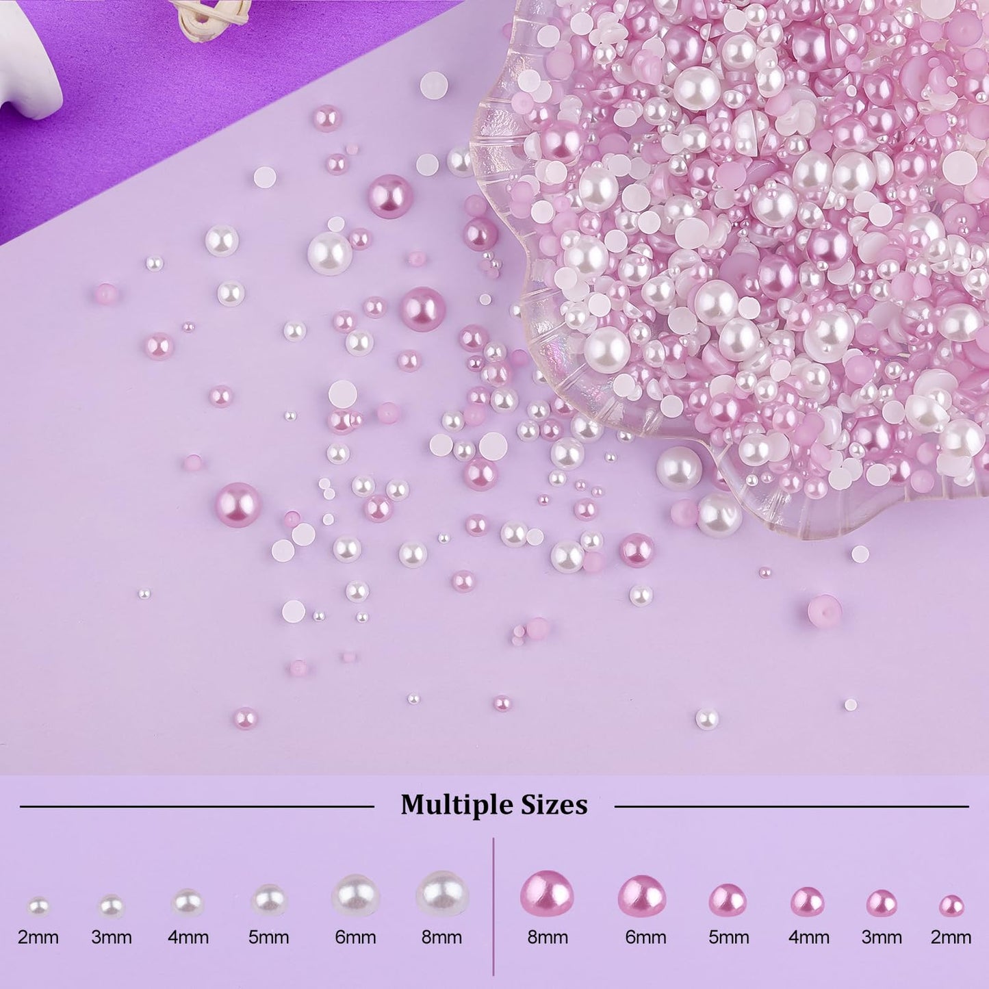 2 Boxes Flat Back Pearls Kit 2 Flatback White&Light Purple Half Round Pearls with Pencil and Tweezer 2-8mm for Face Makeup and C