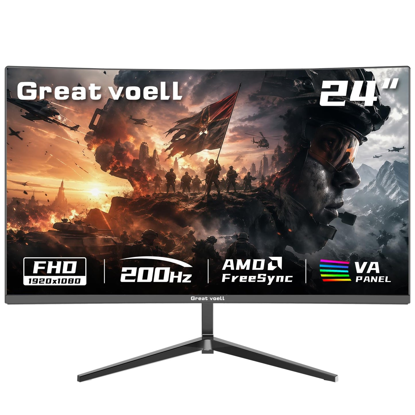 Great voell 24 Inch 200Hz Curved Gaming Monitor, 1ms MPRT Fast VA Computer Display, FHD 1920x1080P, AMD FreeSync, Low Motion Blur, 98% sRGB HDR PC Monitor, Frameless Design, HDMI & DisplayPort, VESA
