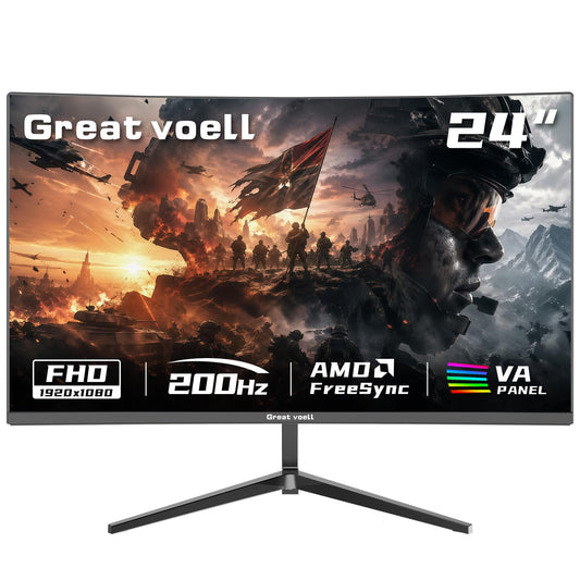 Great voell 24 Inch 200Hz Curved Gaming Monitor, 1ms MPRT Fast VA Computer Display, FHD 1920x1080P, AMD FreeSync, Low Motion Blur, 98% sRGB HDR PC Monitor, Frameless Design, HDMI & DisplayPort, VESA