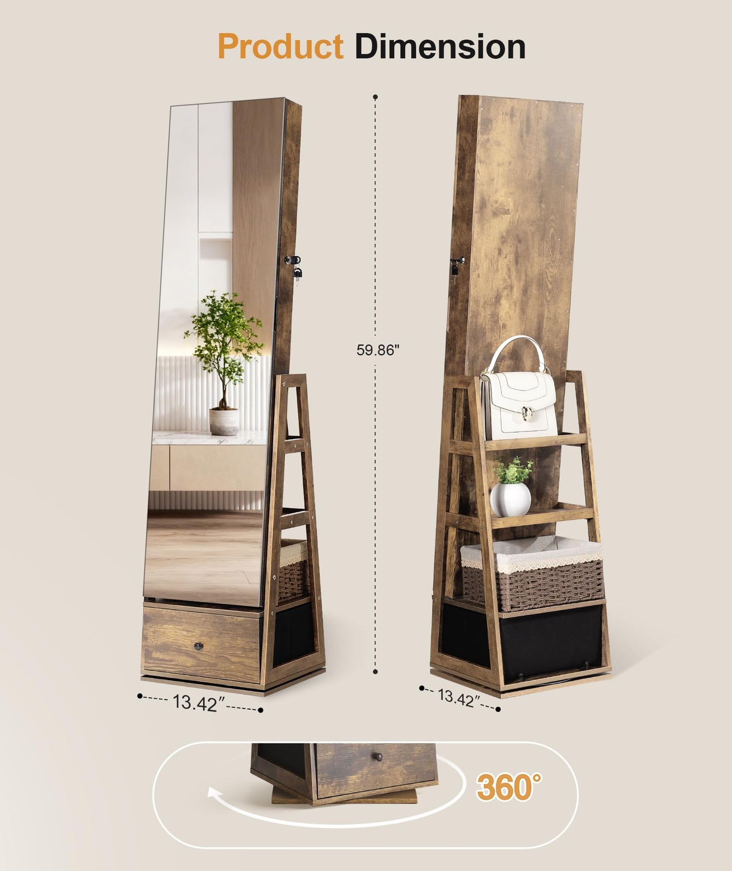 Nicetree 360°Swivel Jewelry Cabinet,Rotatable Jewelry Organizer Armoire Standing, Lockable Jewelry Armoire with Full-Length Mirror, 3 Rear Shelves & Bottom Drawer, Polishing Cloth, Wood Grain Brown
