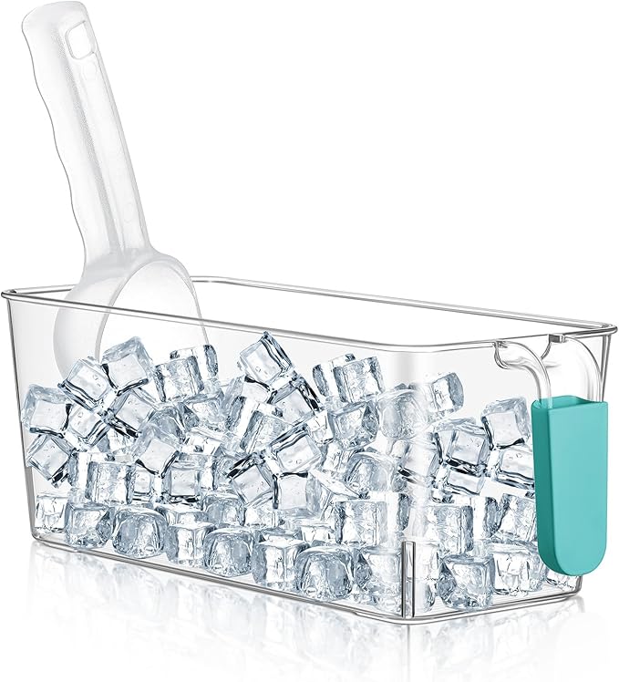 Havawish 1 Set Ice Bin and Flexible Scoop Set Plastic Freezer Ice Bin with Pull out Handle Storage Bucket Clear for Contai...