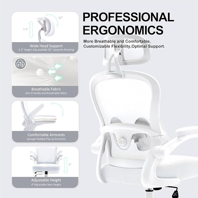 TUKAKA Ergonomic Office Chair,Ultra Thick Office Desk Chair with Adjustable Lumbar Support and Headrest,Spring Cushion,Rocking Function,Flip-up arms,Mesh Computer Chair for Home Office,White