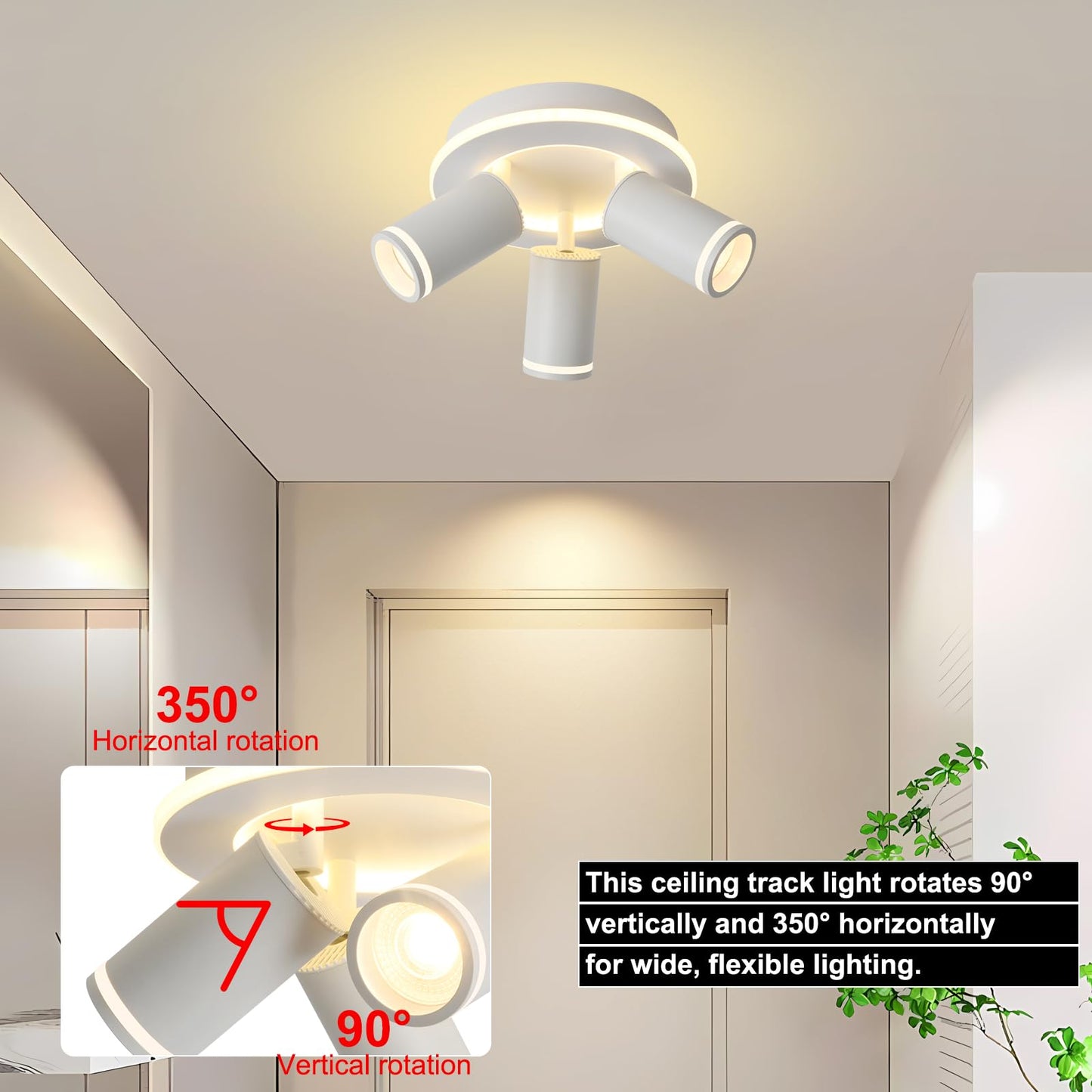 LED 3 Light Track Lighting Kit, White Round Ceiling Spot Lighting Fixture with Flexibly Rotatable Heads, Modern Spotlight for Kitchen, Living Room, Bedroom, Dual Lighting Design,Includes 3 x GU10 Bulb