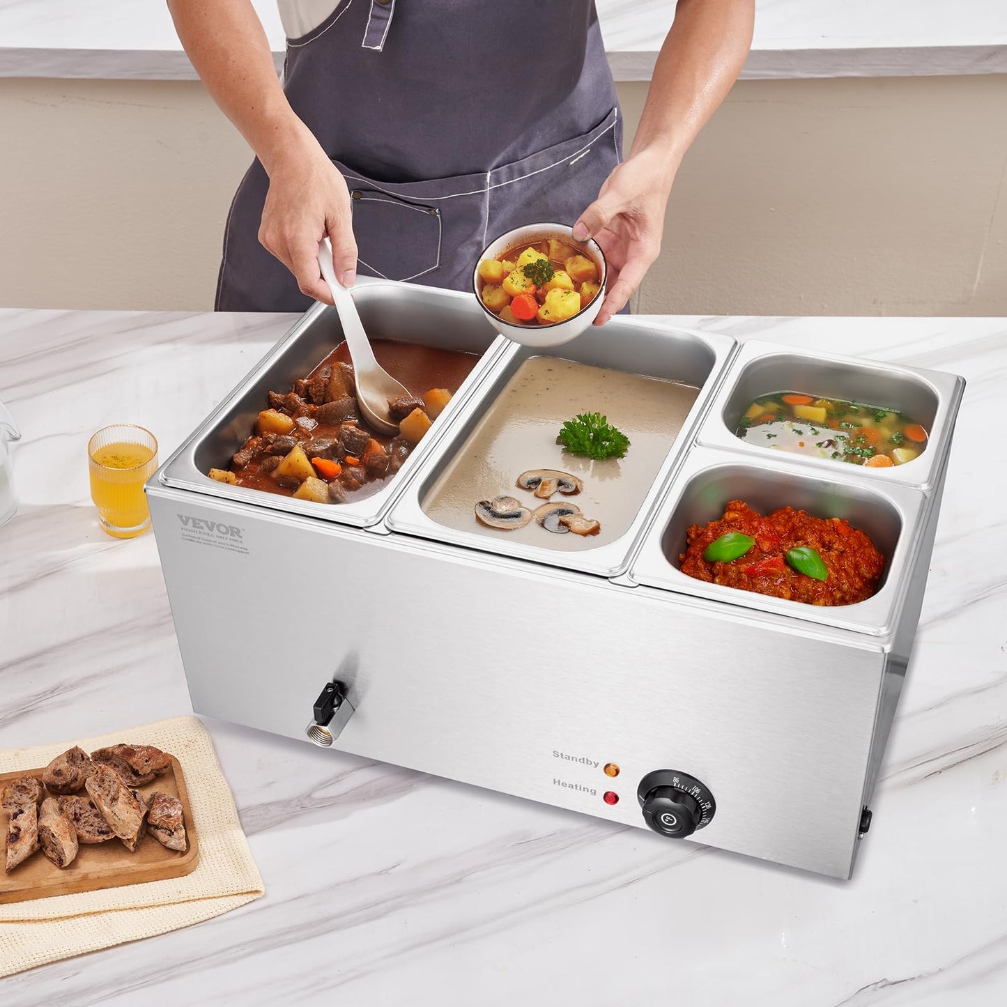 VEVOR 4-Pan Commercial Food Warmer, 24QT Electric Steam Table, 1200W Professional Countertop Stainless Steel Buffet Bain Marie with 86-185°F Temp Control for Catering and Restaurants, Silver