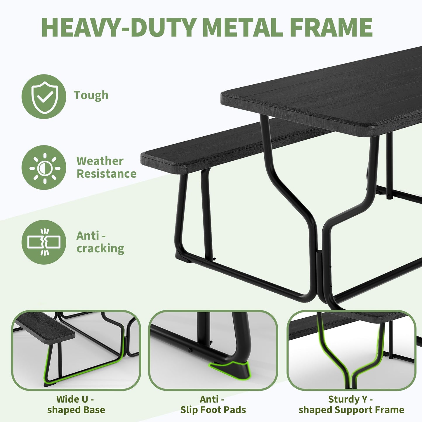 Outdoor Picnic Tables with Benches, Portable Picnic Table with Seats, Plastics Picnic Table Bench Set with Metal Frame, Large Camping Table Chair Set for Patio Deck Lawn Garden Backyard, Black