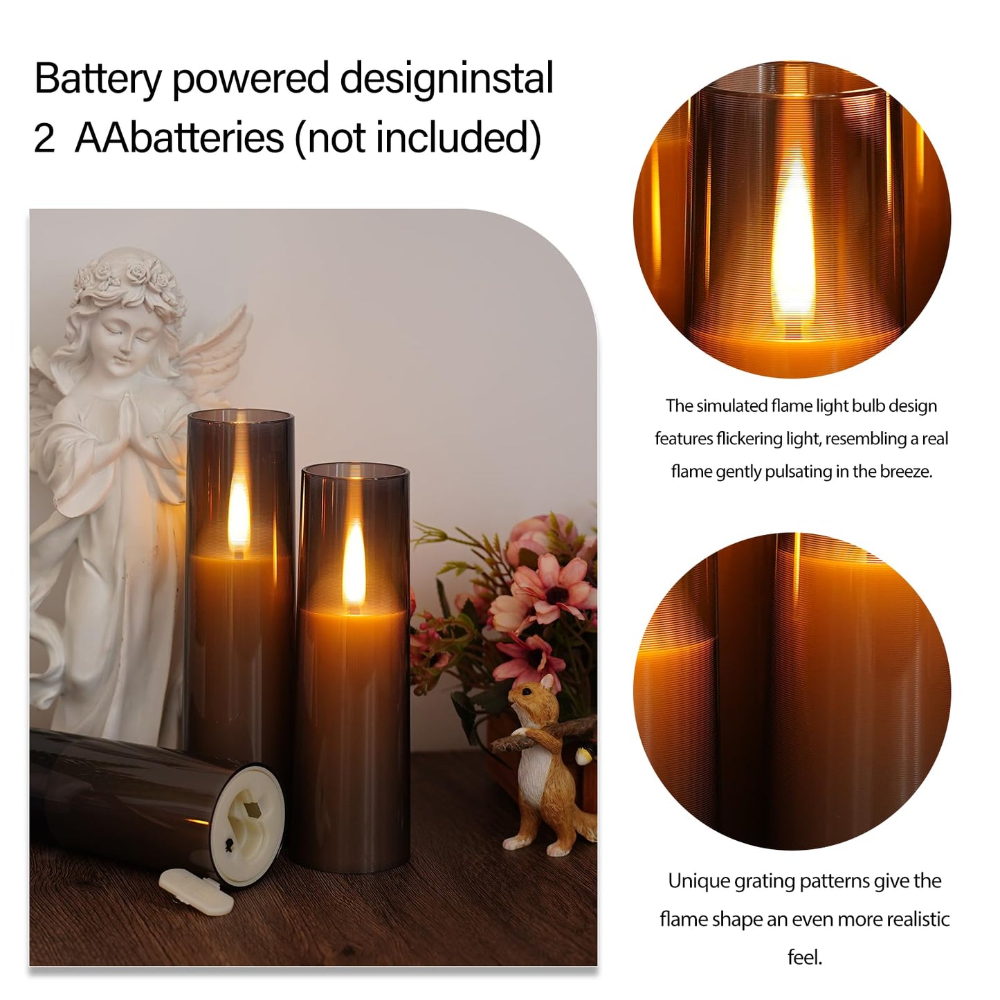 JINYANIA Flameless LED Candles, Upgraded Realistic Flickering Flame Battery Operated Candles with Remote Timer, Acrylic Electric Set of 5 for Romantic Ambiance and Home Decoration（Grey）
