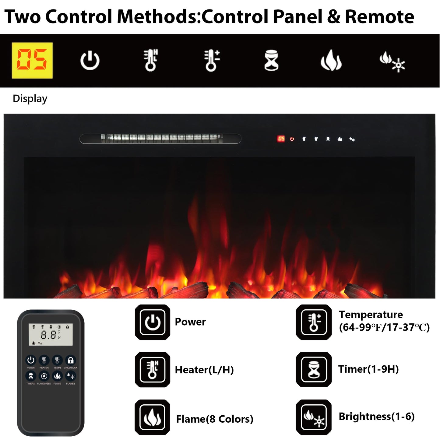 Oxhark Flame 36 Inches Electric Fireplace Insert with Trim Kit, Wall Mounted & Recessed Electric Fireplace Inserts with 8 Flame Colors, Remote Control, 6 Levels Brightness, 9H Timer, Black, 1500W/750W