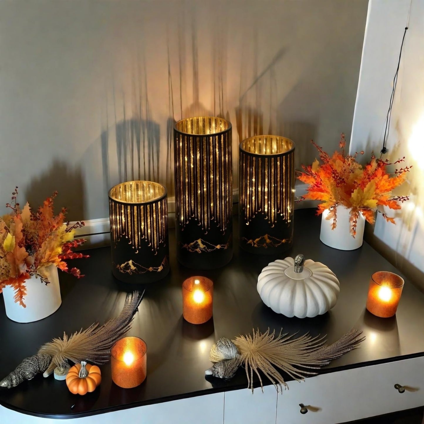 Ashroder Set of 3 Illuminated Starry Night Hurricanes with Remote Timer, Glass Votive Pillar Candle Holders, Removable LED String Lights Candles for Centerpiece Table Halloween Christmas Decor(Black)