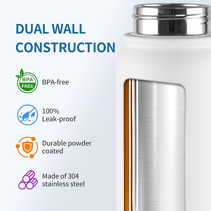 GOPPUS Insulated Water Bottle 20oz Stainless Steel BPA-Free Sports Bottle Ideal for School and Travel Silicone Spout Lid Prevents Leaks, Sweat, and Dust (White)