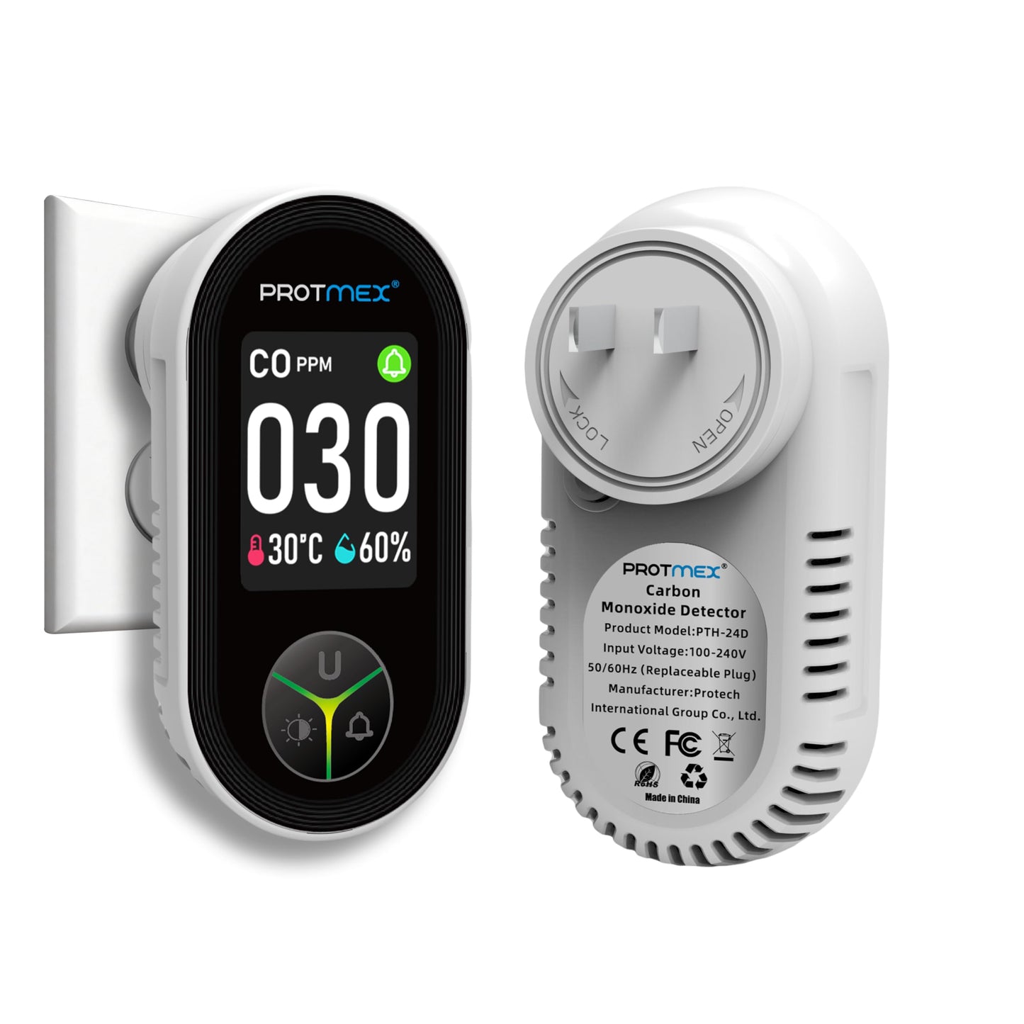 Protmex Carbon Monoxide Detector Plug in Wall, 3-in-1 Co Detector Monitor Air Quality with Temperature Humidity Sensor, Portable CO Meter Easy to Read & Install, for Home/Hotel/RV