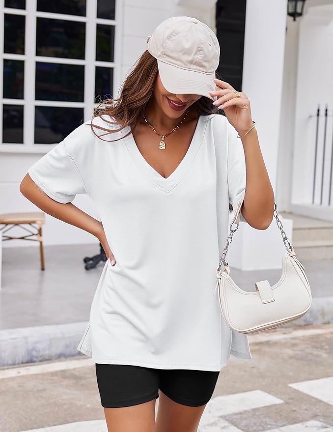 Ekouaer Womens Pajamas 2 Piece Lounge Sets Oversized V Neck T-Shirts Tops Biker Shorts Set Workout Reversible Tracksuit S-XXL