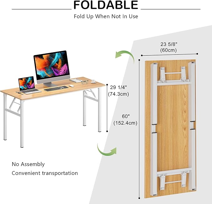 Need Folding Computer Desk, Large 60 inches Folding Table for Home Office, No Install Needed Foldable Writing Table Desk, Teak and White