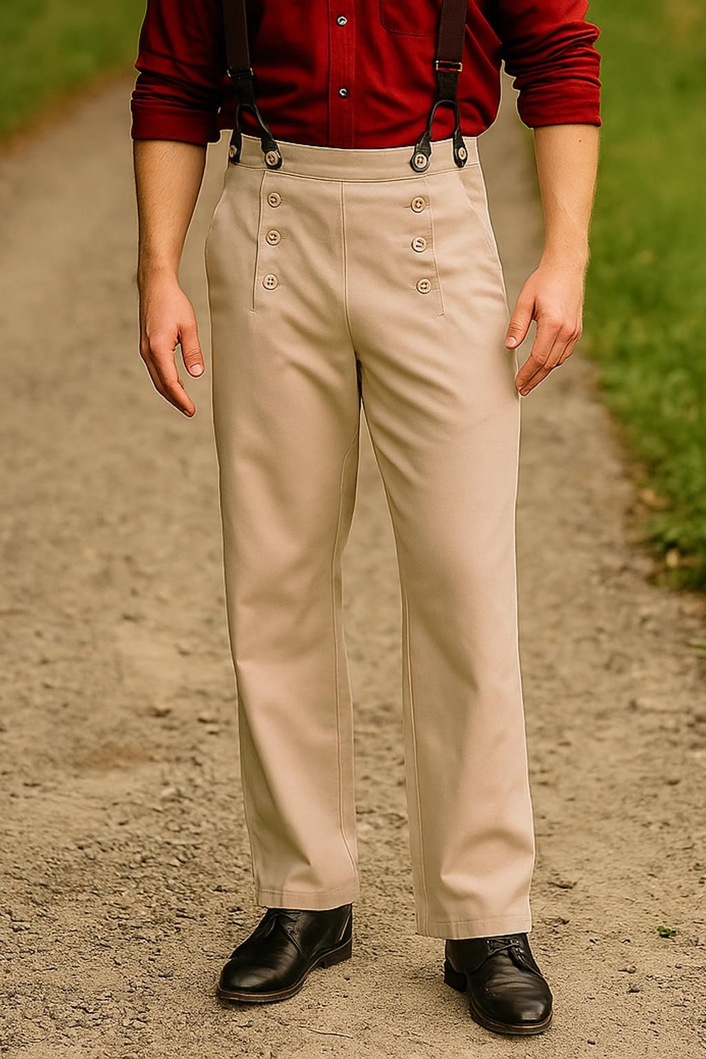 ThePirateDressing Steampunk Victorian Cosplay Architect Men’s Pants – High-Waist Gothic Trousers for Halloween, Renaissance, Tussar Poly-Viscose Fabric – Suspenders Ready C1328-Beige-Small