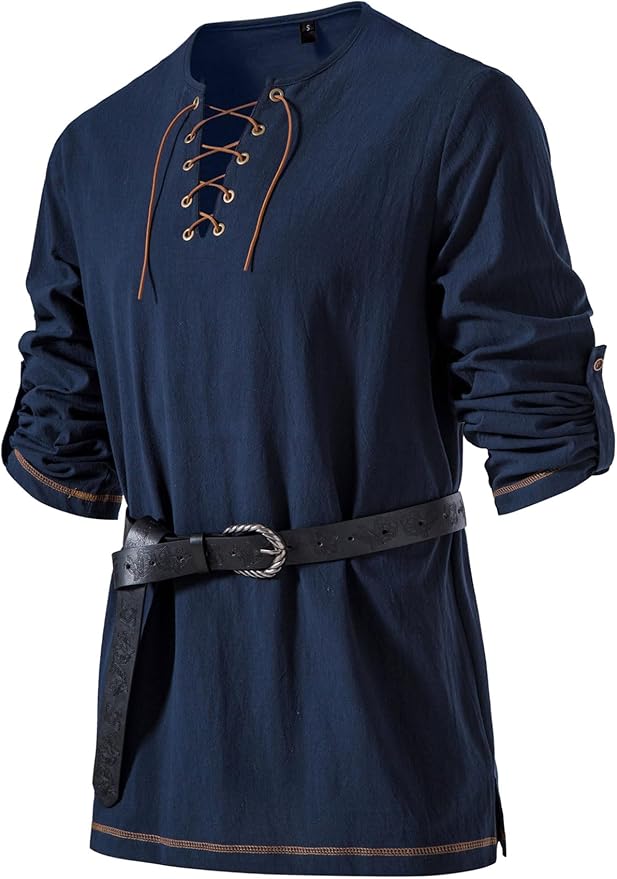 JEMITOP Men's Pure Cotton Vintage Lace Up Shirts for Pirate Renaissance Viking Medieval Costume Without Belt