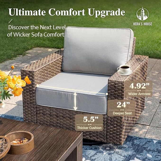 HERA'S HOUSE Patio Furniture Conversation Set, Outdoor Swivel Wicker Chairs with 4.92" Widened Armrest, 6 Pieces Deep Seating Rattan Sofa with 5.5" Gray Cushions for Deck Garden Yard