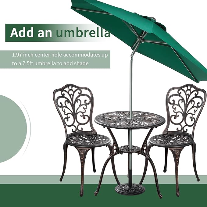 Withniture 3 Piece Patio Set Outdoor Bistro Set,Cast Aluminum Bistro Table and Chairs Set of 2 with Umbrella Hole,All Weather Patio Bistro Sets for Front Porch Set Garden,Backyard(Brown)