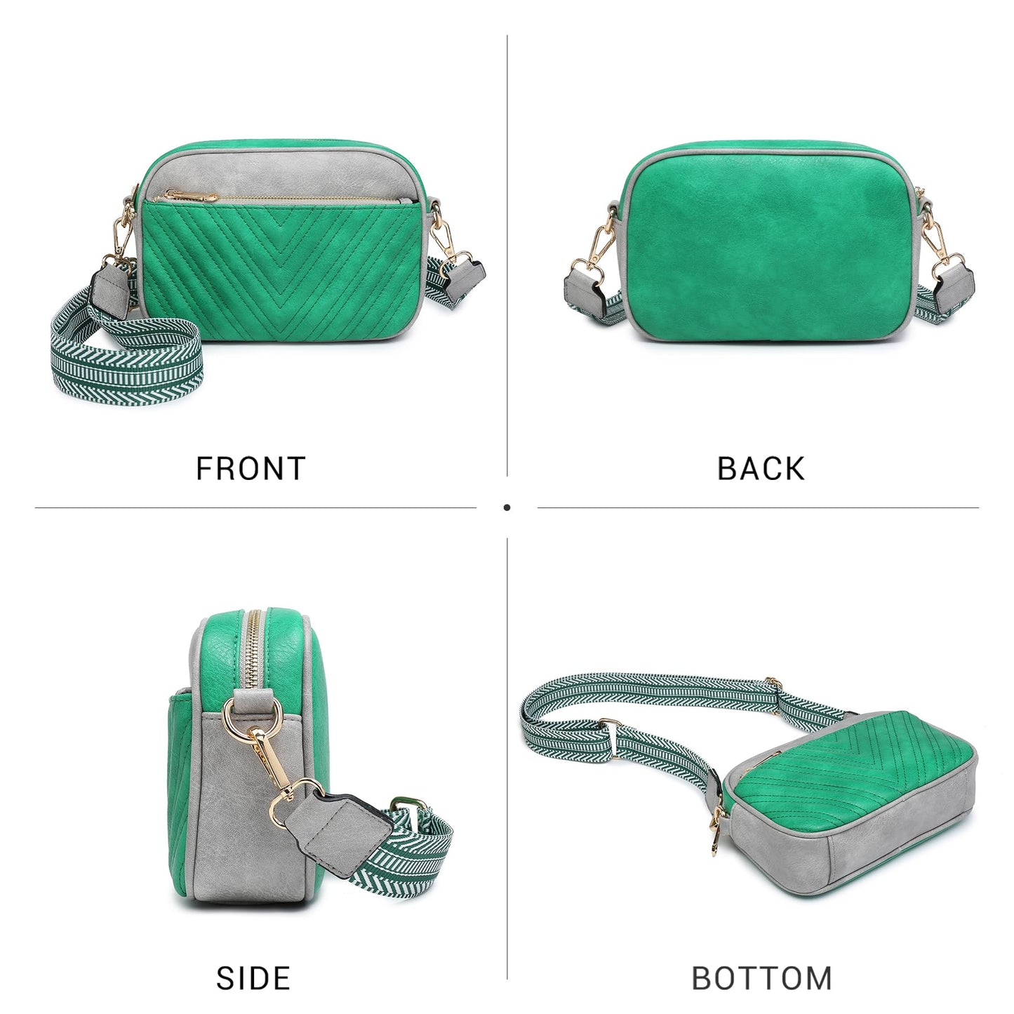 VONMAY Crossbody Purse for Women Quilted Crossbody Bags Vegan Leather Purses Small Shoulder Handbags with Wide Strap (Green/Grey)
