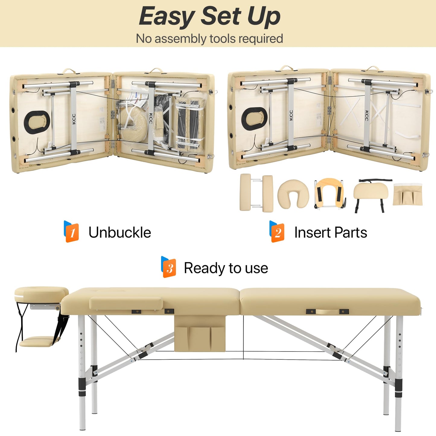 KCC Memory Foam Portable Massage Table, Foldable Tattoo Table Lash Bed Height Adjustable，28 Inchs Wide Home Salon Spa Bed Accessories &Carrying Case，Easy Set Up,Lightweight Aluminium Leg,Beige