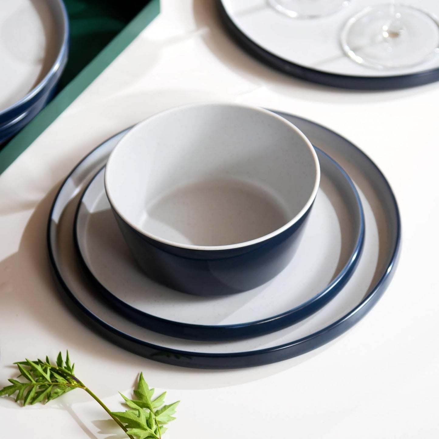 Melamine Dinnerware Sets,Plate and Bowl Set for 4,12 Pcs Dish Set with Lipped Edges,Lightweight and Reusable Dishware Sets for Camping,Dishwasher Safe,Good for Housewarming(Navy Blue,Gray)