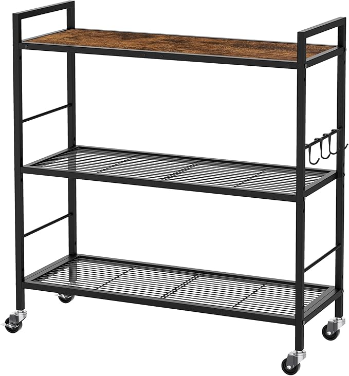 XIVIRACK 3-Tier Metal Storage Rack with Industrial Wheels,Mesh Shelving Unit with Wooden Table top,Adjustable Shelf,31.5-Inch Width, for Kitchen, Laundry,Pantry,Plant,Black