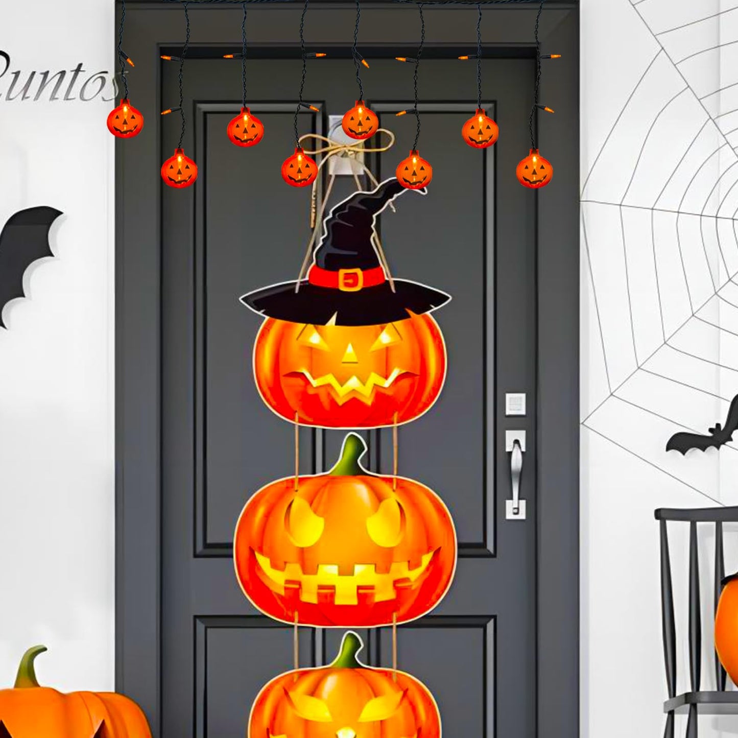 Halloween Pumpkin String Lights, Indoor Curtain With 10 Jack-O'-Lanterns and 25 Mini LED Bulbs, Plug-in for Outdoor Party Bedroom Window
