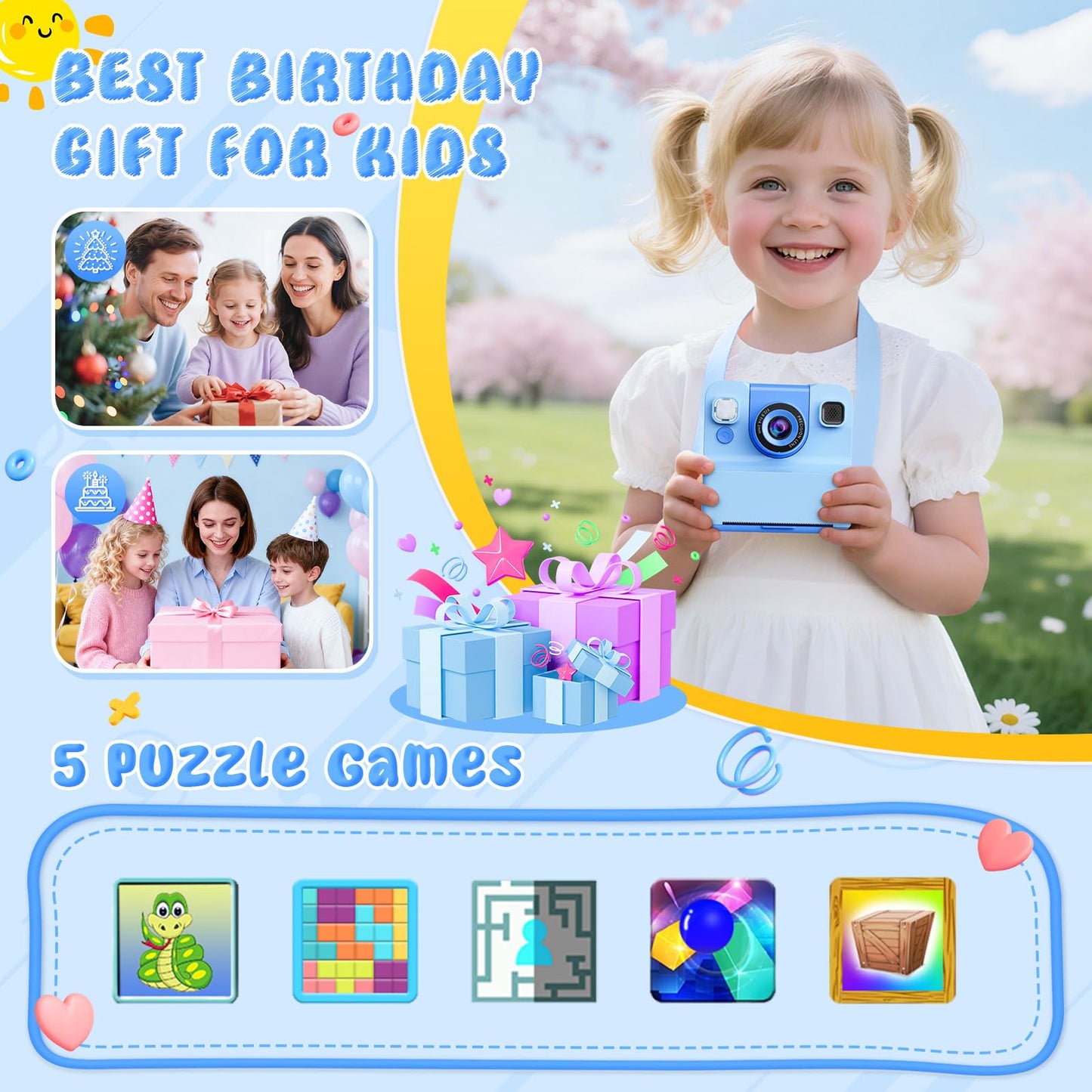 Kids Camera Instant Print Toys for Teenage Girls:2.4-Inch Children's Instant Cameras,Gift for Girls Ages 3-16 (for Christmas Or Birthday),1080P Hd Digital Video Cameras with 3 Rolls Paper & 32G-Blue