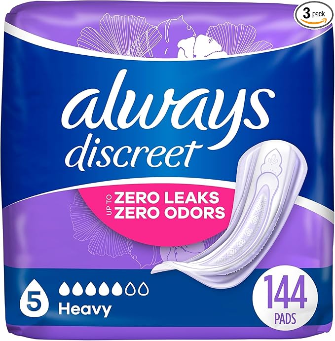 Always Discreet Adult Incontinence & Postpartum Incontinence Pads for Women, Heavy Absorbency 48 Count x 3 Packs (144 Count total) (Packaging May Vary)