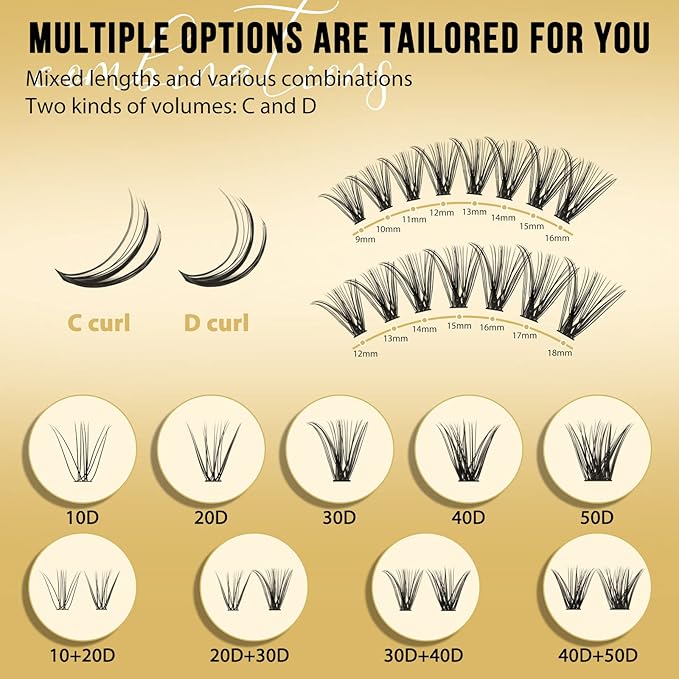 QUEWEL Lash Clusters 320Pcs Cluster Lashes 20D+30D C Curl Lash Cluster Eyelash Extensions Mix9-16mm Individual Eyelashes Clusters Wispy Lash Clusters Thin Band Soft to Use at Home(20D+30D C Mix9-16)