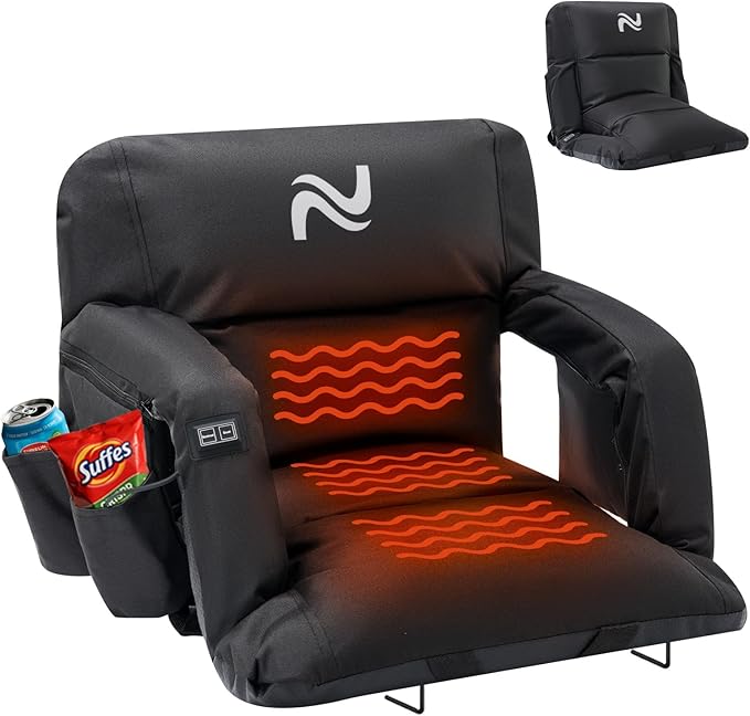 NAIZEA Wide Heated Stadium Seat for Bleachers w/Back Support & Cushion, Portable Bleacher Seats Foldable Stadium Chair with Armrests for Sports Events, Outdoor, Camping, Hiking-No Power Bank