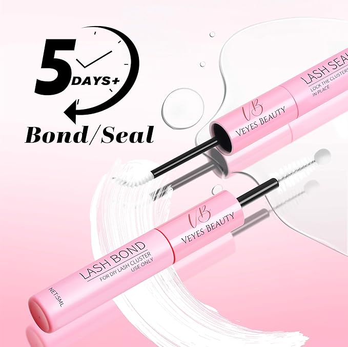 VEYESBEAUTY Lash Clusters Kit Individual Eyelash Extensions Thin & Invisible Band DIY False Eyelashes Newbie's Five-Second Series Wispy Lash Tray, Bunny KIT with Bond&Seal Remover Applicator