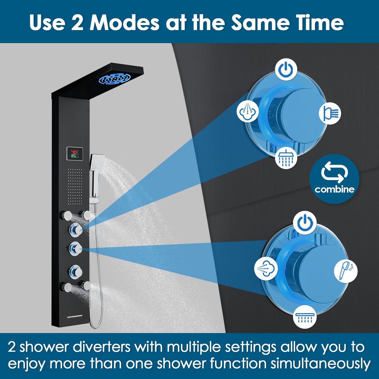 ROVOGO Led Shower Panel Tower System with Mist Rainfall Shower, Body Jets, Handheld and Tub Spout, Hydroelectric Led Lights and Temp Display No Battery Needed, Simultaneous Shower Column Black