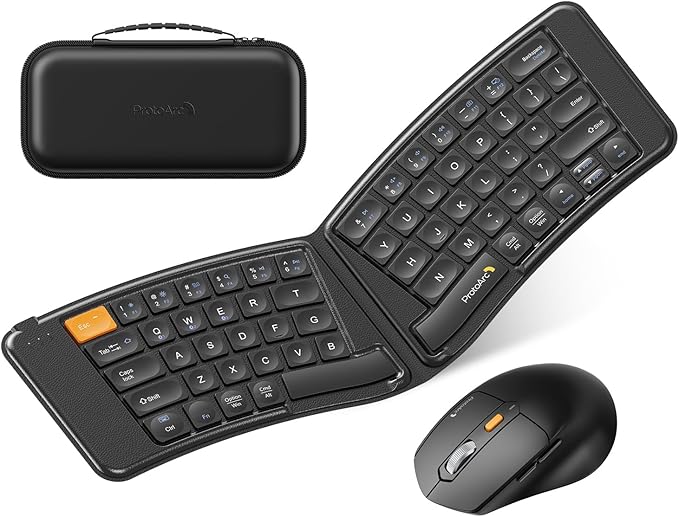 ProtoArc Ergonomic Foldable Keyboard Mouse, XKM03 Portable Folding Bluetooth Keyboard Mouse Combo for Business and Travel,...