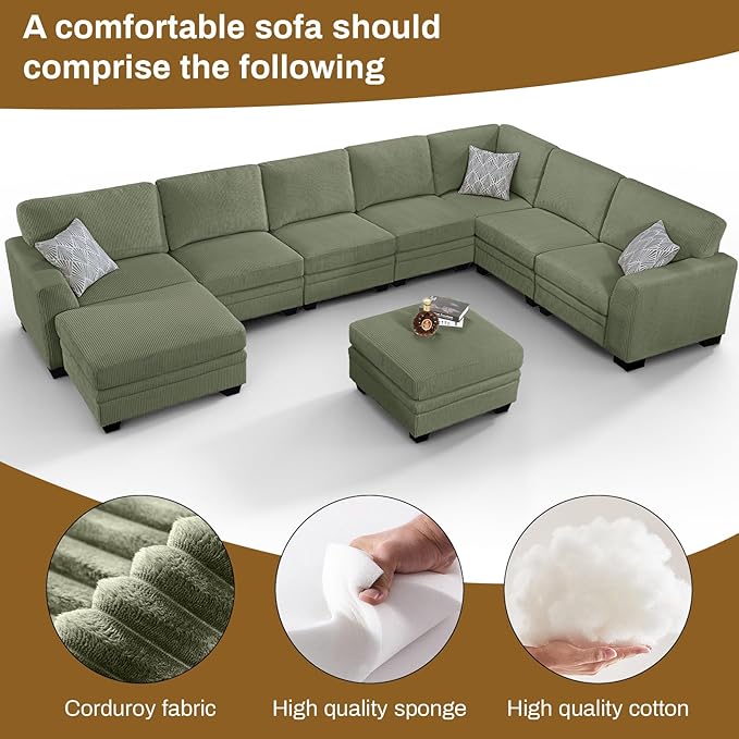 Legend Vansen Sectional Couches for Living Room,L-Shaped Corduroy Sofa with Ottoman for Living Room,Bedroom and Apartment (Olive, U-9)