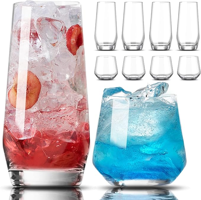 Mfacoy Drinking Glasses Set of 8-4 Tall Glass Cups 18 oz & 4 Short Stemless Wine Glasses 13 oz, Highball Glasses, Glasswar...