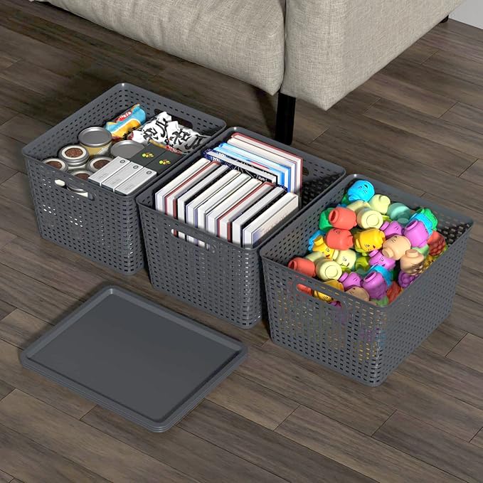 6-Packs Grey Woven Storage Baskets Bins with Lids, Plastic Large Stackable Baskets Box, 13.58'' x 11.42'' x 8.7''
