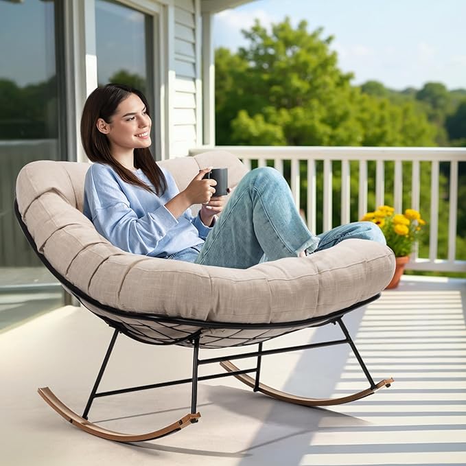Bme Patio Rocking Chair Outdoor & Indoor with Ottoman, Metal Patio Lounge Rocking Chair with Thick Cushion, Comfy Modern Rocker Chair, Beige Cushion - Wood Texture Rocker