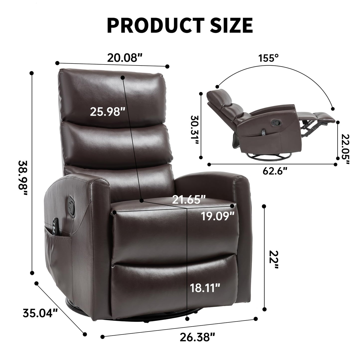 KEIKI 4-in-1 Manual Swivel Rocker Recliner Chair for Home Living Room, Faux Leather Chair with Back Massager & Heat, Home Theater Seating with Lumbar Support, Soft Bedroom Chairs for Adults, Brown
