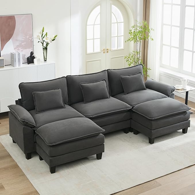 URRED Cloud Couch Modular Sectional Sofa, 122" Modern U Shaped Deep Seat Sofa with 2 Ottomans & Pillows, Ultra Comfy Velvet Couches for Living Room, Bedroom or Apartment, Dark Gray