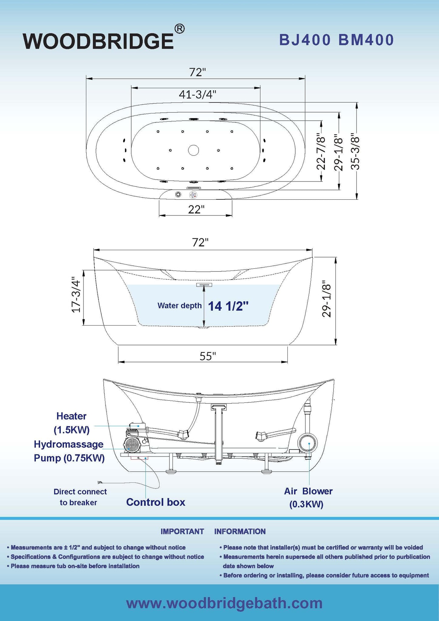 WOODBRIDGE 72" x 35-3/8" Whirlpool Water Jetted and Air Bubble Freestanding Heated Soaking Combination Bathtub with LED control panel,Matte Black drain and overflow,BM-400