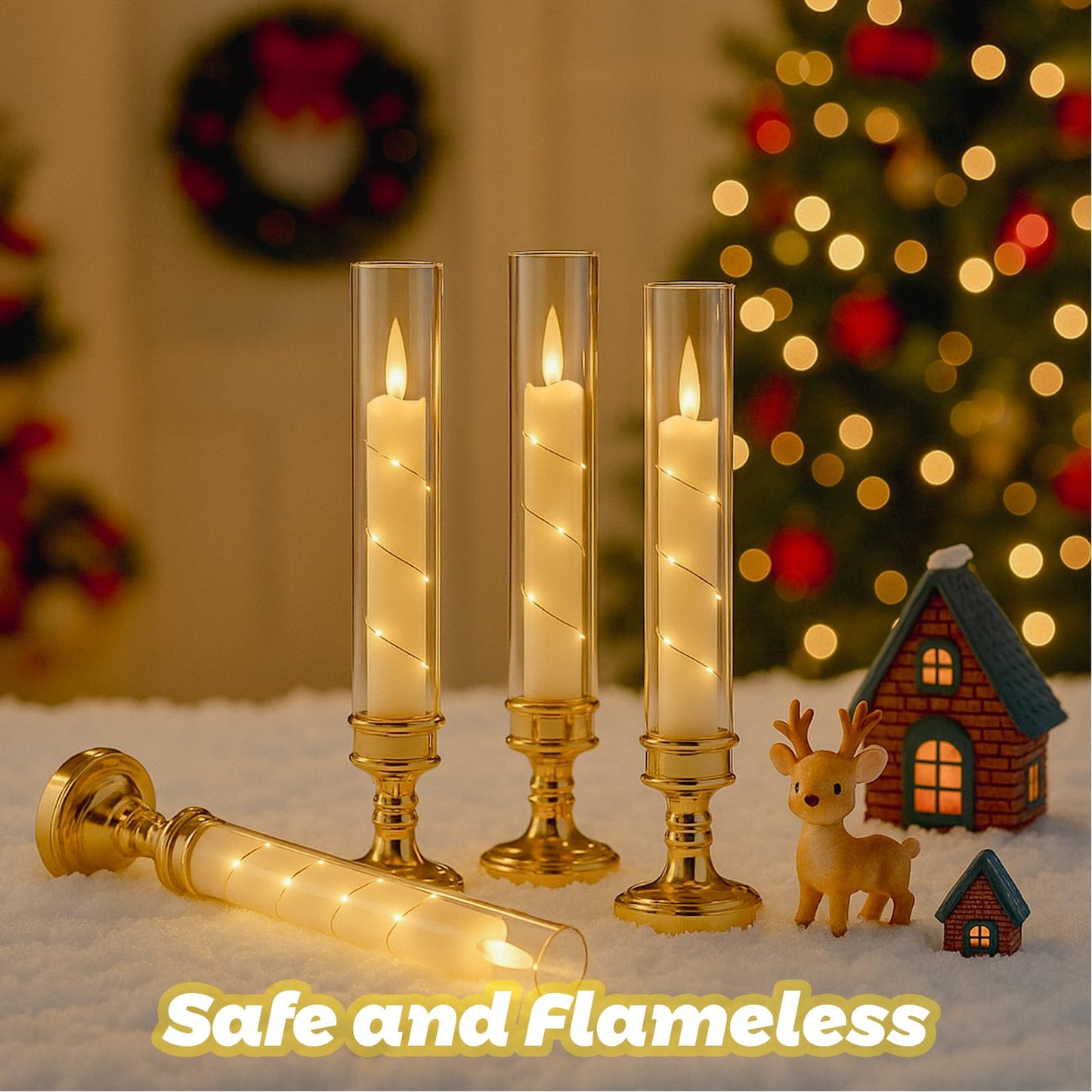 Prerish 6 PCS Flameless Candles with Remote Timer, Flickering LED Candles Romantic Ambiance with Embedded Star String, Gold Battery Perated Candles Decoration for Wedding Home Table Window Christmas