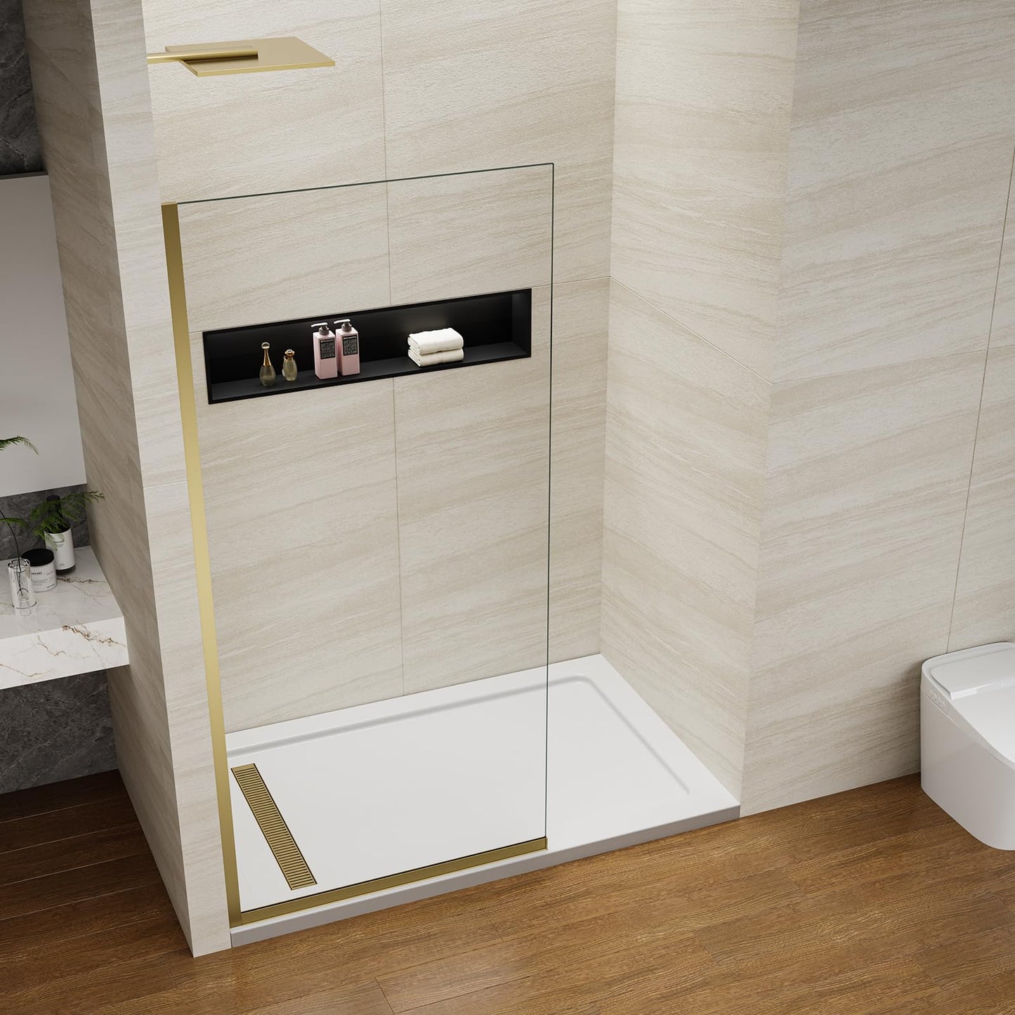 Viivppai Shower Screen 36" x 76" Half Frameless Shower Wall Panel, Tempered Glass 3/8 inch, Easy to clean Coating, Fixed Glass Shower Door with Hardware (Brushed Gold)