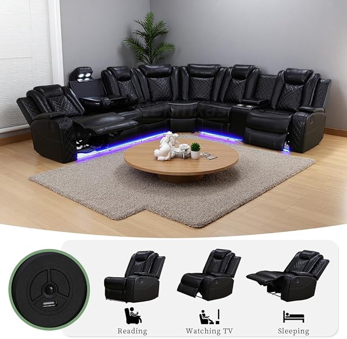 Dekmxas Living Room Furniture Set, Power Sectional Recliner Sofa Set with LED Light,Black Air Leather Power Reclining Sofa with 2 Recliner Seats/Cup Holders/USB Port/Storage Console for Living Room