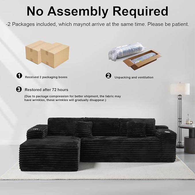 Cloud Sectional Couch with L-Shape Chaise, Modern Modular Sofa with Deep Seat, Built-in Cup Holder & Storage Pocket for Living Room Bedroom, No Assembly Required (Black, Left Sitting Chaise)