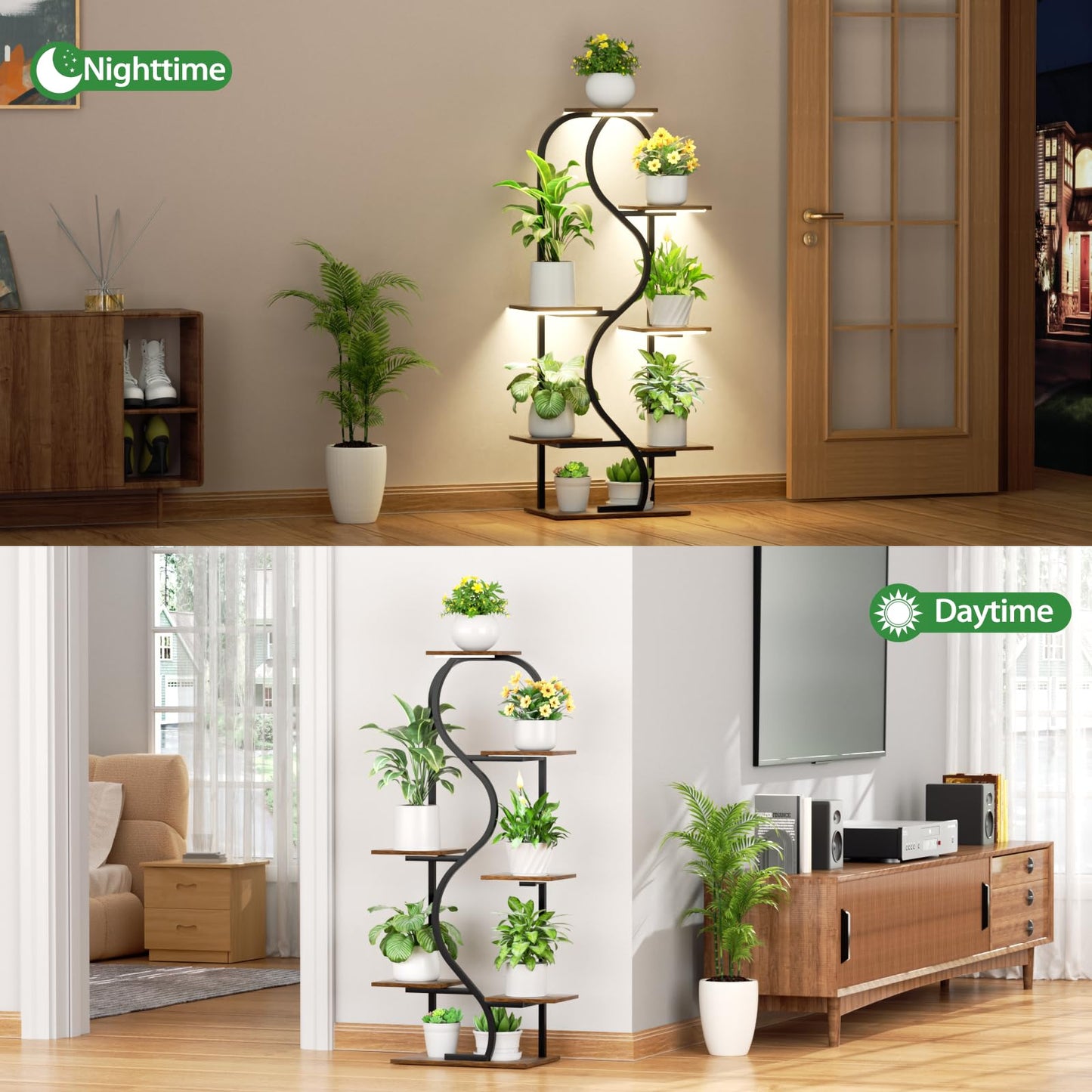 Plant Stand Indoor with Grow Lights - 48" Tall Plant Shelf Indoor, 7 Tiered Corner Plant Stands for Indoor Plants, Lighted S-Shaped Flower Holder Stand, Display Rack for Living Room, Balcony（Black)