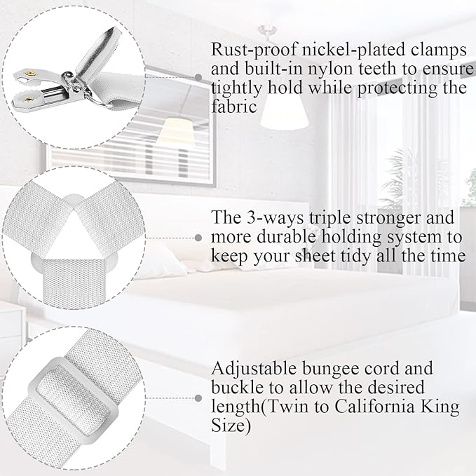 ZHOUBIN Bed Sheet Straps Suspenders Clips Under Mattress for Keep Sheets in Place White, Set of 2