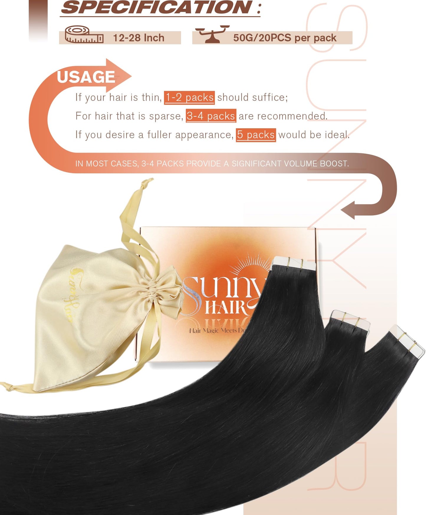 Sunny Hair Tape in Hair Extensions Real Human Hair Invisible Remy Hair Extensions Tape ins for Women Natural Black 16 inch 20Pcs